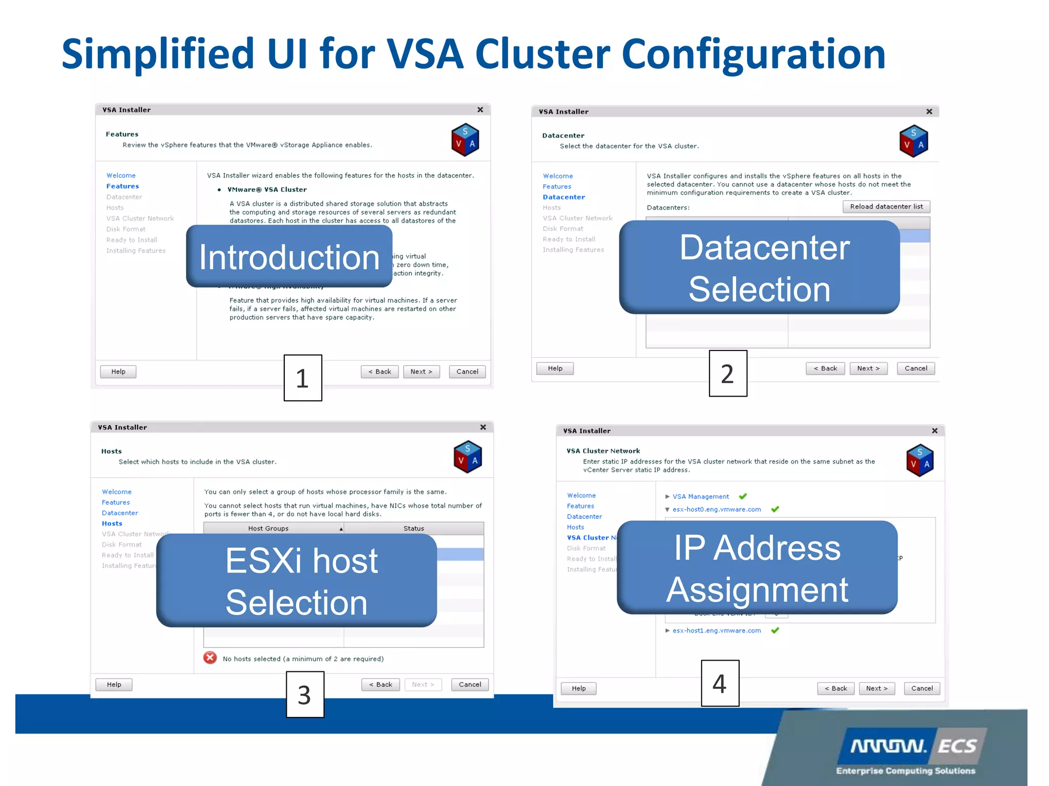 Simplified UI for VSA Cluster Configuration
1 2
3 4
Introduction Datacenter
Selection
ESXi host
Selection
IP Address
Assignment
 
