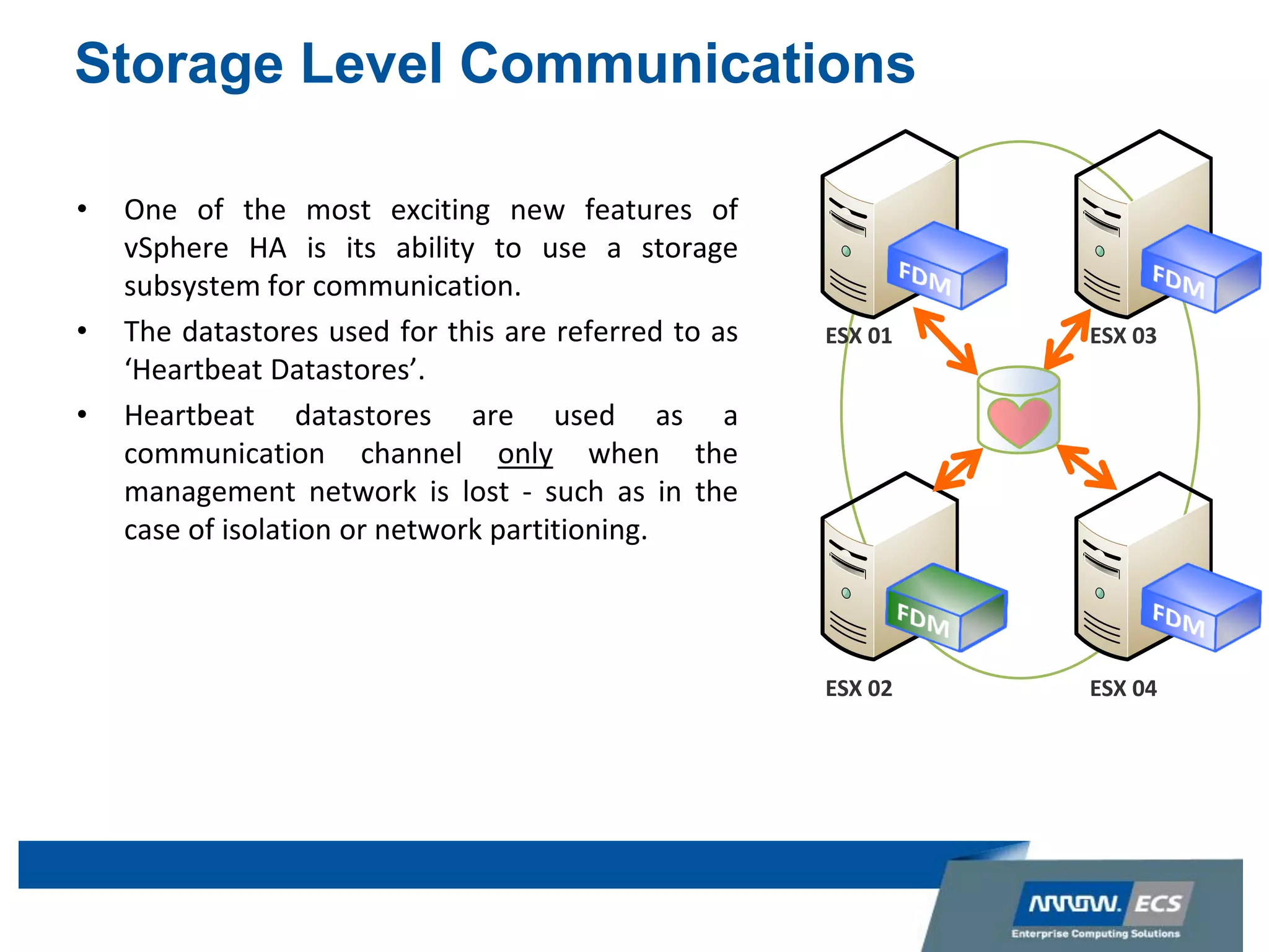 Storage Level Communications
• One of the most exciting new features of
vSphere HA is its ability to use a storage
subsystem for communication.
• The datastores used for this are referred to as
‘Heartbeat Datastores’.
• Heartbeat datastores are used as a
communication channel only when the
management network is lost - such as in the
case of isolation or network partitioning.
ESX 02
ESX 01 ESX 03
ESX 04
 