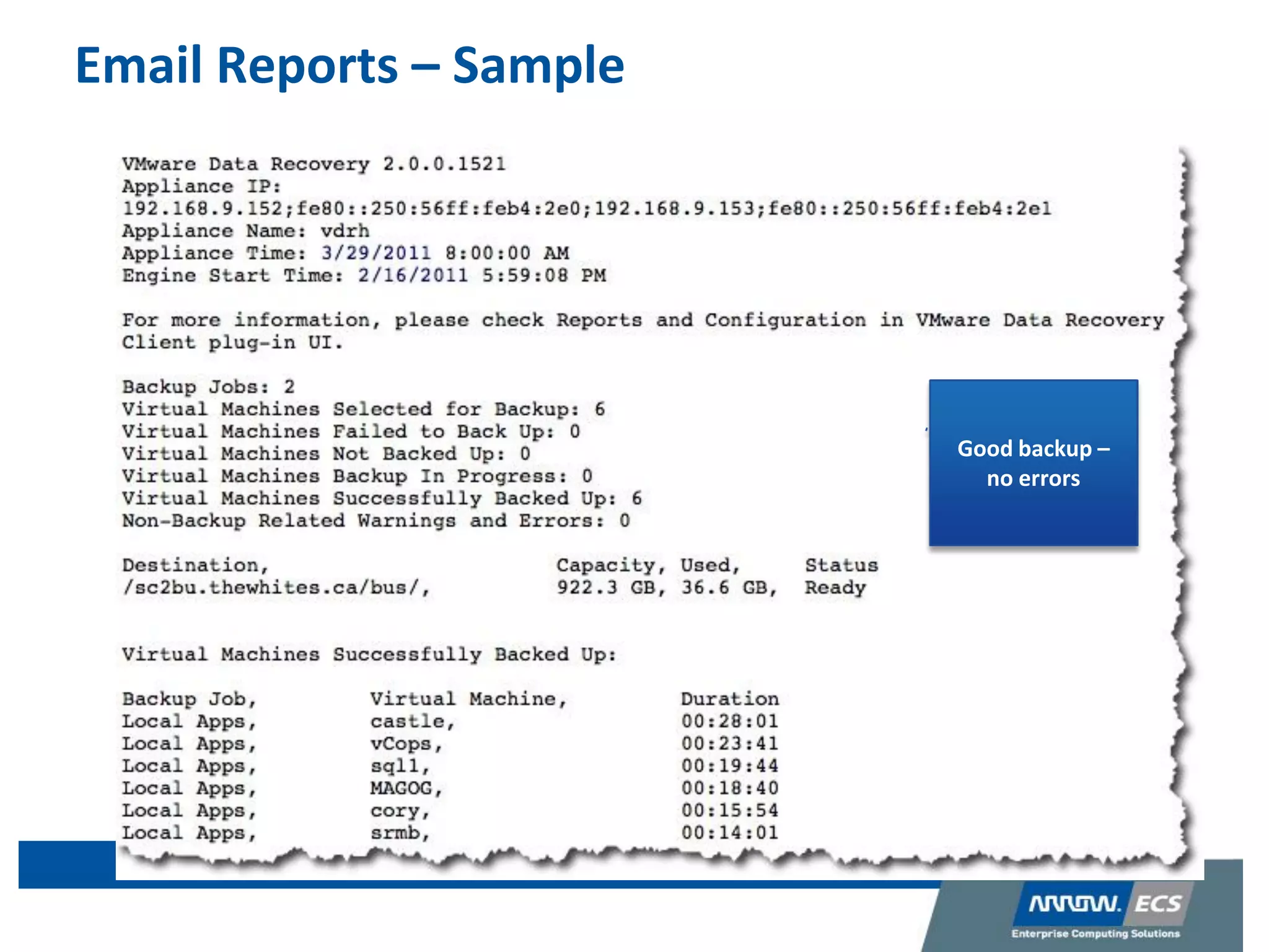 Email Reports – Sample
Good backup –
no errors
 
