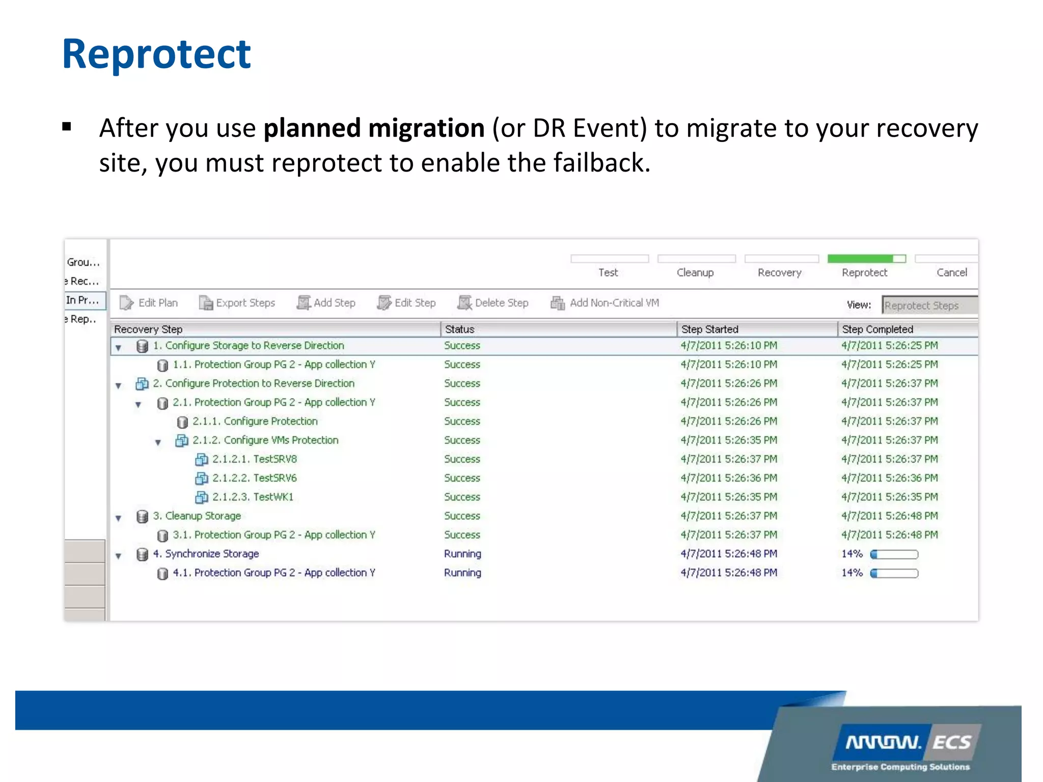 Reprotect
 After you use planned migration (or DR Event) to migrate to your recovery
site, you must reprotect to enable the failback.
 