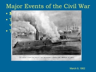 • Monitor vs. Merrimack
• Two iron clad ships battled in the
waters of Hampton Roads
• The battle ended in a draw
Major Events of the Civil War
March 9, 1862
 