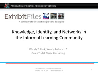Knowledge, Identity, and Networks in the Informal Learning Community  Wendy Pollock, Wendy Pollock LLC Carey Tisdal, Tisdal Consulting Visitor Studies Association Conference -- Tuesday, July 26, 2011 -- 9:00 to 10:15 a.m. 1 