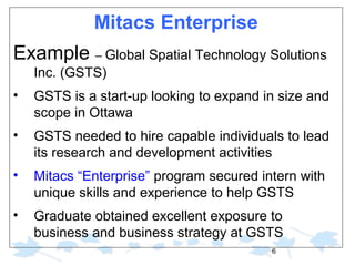 Mitacs Enterprise
Example – Global Spatial Technology Solutions
Inc. (GSTS)
•

GSTS is a start-up looking to expand in size and
scope in Ottawa

•

GSTS needed to hire capable individuals to lead
its research and development activities

•

Mitacs “Enterprise” program secured intern with
unique skills and experience to help GSTS

•

Graduate obtained excellent exposure to
business and business strategy at GSTS
6

 
