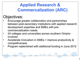Applied Research &
Commercalization (ARC)
Objectives:
•

•
•
•

Encourage greater collaboration and partnerships
between post-secondary institutions with applied research
development expertise and SMEs with precommercialization needs
24 colleges and universities across southern Ontario
involved
Accelerate innovation in SMEs = improve productivity &
competitiveness
Program replenished with additional funding in June 2012

6

 