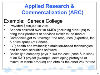 Applied Research &
Commercalization (ARC)
Example: Seneca College
•
•
•
•
•

Provided $750,000 in 2010
Seneca assisted over 10 SMEs (including start-ups) to
bring their products or services closer to the market
Companies get to “leverage” the resources (expertise, lab
& office space) of Seneca
ICT; health and wellness; simulation-based technologies
and financial securities software
Basically a company pays in 1/3 the cost (cash & in-kind)
of an R&D project (example: developing prototype or
minimum viable product) and obtains the other 2/3 for free

6

 