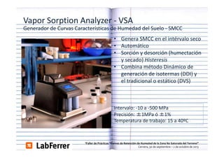 Vapor Sorption Analyzer ‐ VSA
Generador de Curvas Características de Humedad del Suelo ‐ SMCC  
• Genera SMCC en el intérvalo seco
• Automático
• Sorción y desorción (humectación
y secado) Histeresis
y secado) Histeresis
• Combina método Dinámico de 
generación de isotermas (DDI) y 
el tradicional o estático (DVS)
l di i
l
á i (DVS)

Intervalo: ‐10 a ‐500 MPa
Precisión: ±1MPa ó ±1%
Precisión: ±1MPa ó ±1%
Temperatura de trabajo: 15 a 40ºC

aller de Prácticas “Curvas de Retención de Humedad de la Zona No Saturada del Terreno”  
Cervera, 30 de septiembre – 2 de octubre de 2013

 