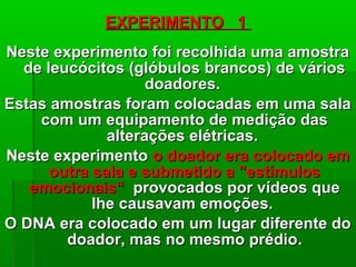 EXPERIMENTO 1EXPERIMENTO 1
NNeste experimento foi recolhida uma amostraeste experimento foi recolhida uma amostra
de leucócitos (glóbulos brancos) de váriosde leucócitos (glóbulos brancos) de vários
doadores.doadores.
Estas amostras foram colocadas em uma salaEstas amostras foram colocadas em uma sala
com um equipamento de medição dascom um equipamento de medição das
alterações elétricas.alterações elétricas.
Neste experimentoNeste experimento o doador era colocado emo doador era colocado em
outra sala e submetido a "estímulosoutra sala e submetido a "estímulos
emocionais“emocionais“ provocados por vídeos queprovocados por vídeos que
lhe causavam emoções.lhe causavam emoções.
O DNA era colocado em um lugar diferente doO DNA era colocado em um lugar diferente do
doador, mas no mesmo prédiodoador, mas no mesmo prédio..
 