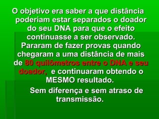 O objetivo era saber a que distânciaO objetivo era saber a que distância
poderiam estar separados o doadorpoderiam estar separados o doador
do seu DNA para que o efeitodo seu DNA para que o efeito
continuasse a ser observado.continuasse a ser observado.
Pararam de fazer provas quandoPararam de fazer provas quando
chegaram a uma distância de maischegaram a uma distância de mais
dede 80 quilômetros entre o DNA e seu80 quilômetros entre o DNA e seu
doador,doador, e continuaram obtendo oe continuaram obtendo o
MESMO resultado.MESMO resultado.
Sem diferença e sem atraso deSem diferença e sem atraso de
transmissãotransmissão..
 