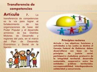 Transferencia de 
competencias 
Artículo 7. La 
transferencia de competencias 
es la vía para lograr el 
fortalecimiento de las 
organizaciones de base del 
Poder Popular y el desarrollo 
armónico de los Distritos 
Motores de Desarrollo y 
regiones del país, en el marco 
del Plan de Desarrollo 
Económico y Social de la 
Nación. 
Principios rectores 
Artículo 8. Los objetivos, funciones y 
actividades a los cuales se destina el 
Consejo Federal de Gobierno, deben 
desarrollarse con base en los 
principios de justicia social, 
participación ciudadana, protección de 
la integridad territorial, desarrollo 
sustentable, cooperación entre las 
entidades públicas territoriales, 
corresponsabilidad, interdependencia, 
solidaridad y concurrencia. 
 