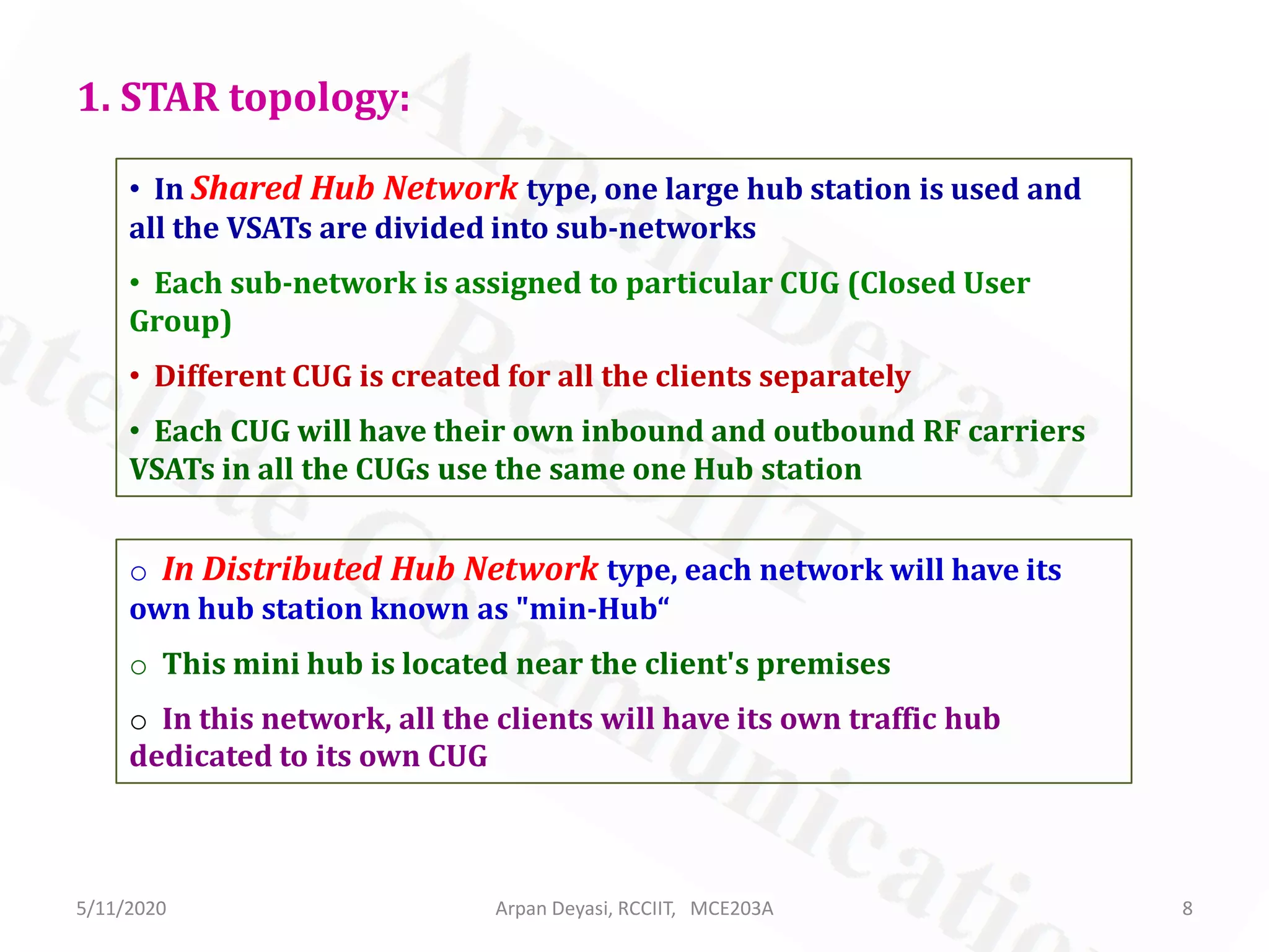 5/11/2020 Arpan Deyasi, RCCIIT, MCE203A 8
• In Shared Hub Network type, one large hub station is used and
all the VSATs are divided into sub-networks
• Each sub-network is assigned to particular CUG (Closed User
Group)
• Different CUG is created for all the clients separately
• Each CUG will have their own inbound and outbound RF carriers
VSATs in all the CUGs use the same one Hub station
1. STAR topology:
o In Distributed Hub Network type, each network will have its
own hub station known as "min-Hub“
o This mini hub is located near the client's premises
o In this network, all the clients will have its own traffic hub
dedicated to its own CUG
 