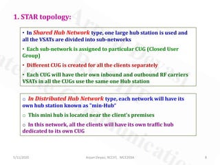 5/11/2020 Arpan Deyasi, RCCIIT, MCE203A 8
• In Shared Hub Network type, one large hub station is used and
all the VSATs are divided into sub-networks
• Each sub-network is assigned to particular CUG (Closed User
Group)
• Different CUG is created for all the clients separately
• Each CUG will have their own inbound and outbound RF carriers
VSATs in all the CUGs use the same one Hub station
1. STAR topology:
o In Distributed Hub Network type, each network will have its
own hub station known as "min-Hub“
o This mini hub is located near the client's premises
o In this network, all the clients will have its own traffic hub
dedicated to its own CUG
 