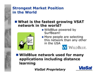 ViaSat Proprietary
Strongest Market Position
in the World
What is the fastest growing VSAT
network in the world?
WildBlue powered by
SurfBeam!
More people are selecting
this network than any other
in the USA
WildBlue network used for many
applications including distance
learning
 