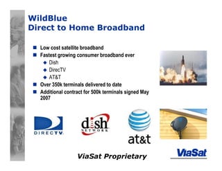 ViaSat Proprietary
WildBlue
Direct to Home Broadband
Low cost satellite broadband
Fastest growing consumer broadband ever
Dish
DirecTV
AT&T
Over 350k terminals delivered to date
Additional contract for 500k terminals signed May
2007
 