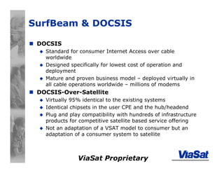 ViaSat Proprietary
SurfBeam & DOCSIS
DOCSIS
Standard for consumer Internet Access over cable
worldwide
Designed specifically for lowest cost of operation and
deployment
Mature and proven business model – deployed virtually in
all cable operations worldwide – millions of modems
DOCSIS-Over-Satellite
Virtually 95% identical to the existing systems
Identical chipsets in the user CPE and the hub/headend
Plug and play compatibility with hundreds of infrastructure
products for competitive satellite based service offering
Not an adaptation of a VSAT model to consumer but an
adaptation of a consumer system to satellite
 
