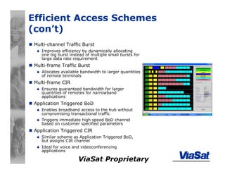 ViaSat Proprietary
Efficient Access Schemes
(con’t)
Multi-channel Traffic Burst
Improves efficiency by dynamically allocating
one big burst instead of multiple small bursts for
large data rate requirement
Multi-frame Traffic Burst
Allocates available bandwidth to larger quantities
of remote terminals
Multi-frame CIR
Ensures guaranteed bandwidth for larger
quantities of remotes for narrowband
applications
Application Triggered BoD
Enables broadband access to the hub without
compromising transactional traffic
Triggers immediate high speed BoD channel
based on customer specified parameters
Application Triggered CIR
Similar scheme as Application Triggered BoD,
but assigns CIR channel
Ideal for voice and videoconferencing
applications
 