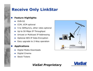 ViaSat Proprietary
Receive Only LinkStar
Feature Highlights
DVB-S2
CCM, VCM optional
5 to 36Msym/s, other rates optional
Up to 50 Mbps IP Throughput
Unicast or Multicast IP Addressing
Optional AES IP Data Encryption
Easy upgrade to 2-Way operation
Applications
Digital Media Downloads
Digital Cinema
Stock Tickers
LinkStar
 