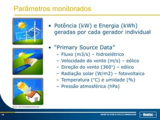 Parâmetros monitorados
15
Source: www.renewablesreviewed.com
• Potência (kW) e Energia (kWh)
geradas por cada gerador individual
• “Primary Source Data”
– Fluxo (m3/s) – hidroelétrico
– Velocidade do vento (m/s) – eólico
– Direção do vento (360°) – eólico
– Radiação solar (W/m2) – fotovoltaico
– Temperatura (°C) e umidade (%)
– Pressão atmosférica (hPa)
 