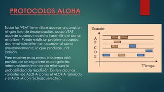 PROTOCOLOS ALOHA
Todos los VSAT tienen libre acceso al canal, sin
ningún tipo de sincronización, cada VSAT
accede cuando necesita transmitir si el canal
está libre. Puede existir un problema cuando
dos terminales intentan acceder al canal
simultáneamente, lo que produce una
colisión.
Para resolver estos casos el sistema está
provisto de un algoritmo que regula las
retransmisiones intentando minimizar la
probabilidad de recolisión. Existen algunas
variantes de ALOHA como el ALOHA ranurado
y el ALOHA con rechazo selectivo.
 