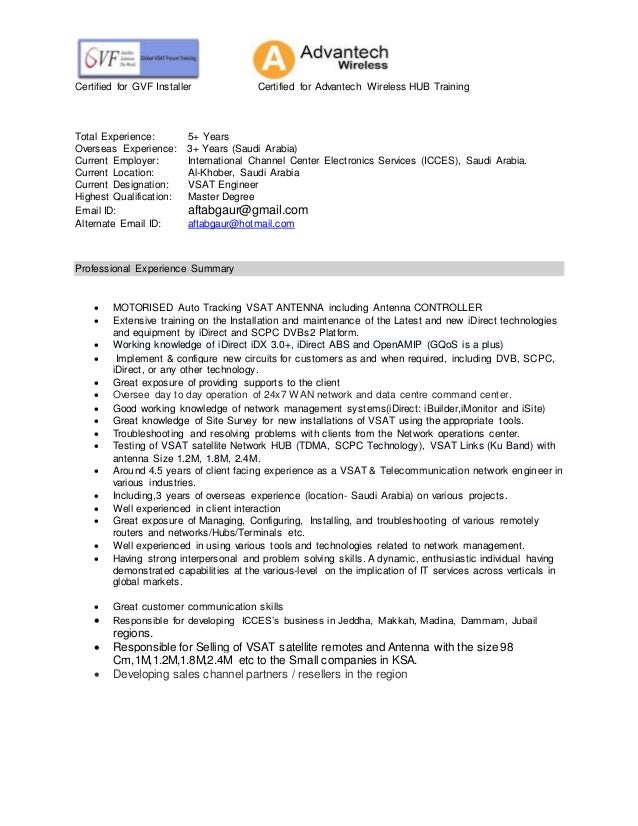 vsat noc engineer certified for gvf installer certified for advantech wireless hub training total experience 5 years