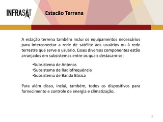 12
Estacão Terrena
A estação terrena também inclui os equipamentos necessários
para interconectar a rede de satélite aos usuários ou à rede
terrestre que serve o usuário. Esses diversos componentes estão
arranjados em subsistemas entre os quais destacam-se:
•Subsistema de Antenas
•Subsistema de Radiofrequência
•Subsistema de Banda Básica
Para além disso, inclui, também, todos os dispositivos para
fornecimento e controle de energia e climatização.
 
