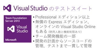 のテストスイート
• Professional エディション以上
• 無償の Express エディション、
オンラインの Visual Studio Online
もある (使用人数と機能制限あり)
• チーム開発機能の一部
• 開発の計画からソースコードの
管理、テストまで一貫して管理
 