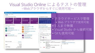Visual Studio Online によるテストの管理
~Webブラウザからすぐに使用可能～
• クラウドサービスで管理
• Web ブラウザで使用可能
• 5 人まで無償
• Visual Studio から接続可能
• Gitも使用可能
 
