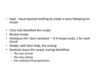 • Goal: move beyond retelling to create a story following his
recipe
• Class had identified the recipe
• Review recipe
• Introduce the ‘story necklace’ – 3-4 recipe cards, 1 for each
chunk
• Model, with their help, the writing
• Students leave the carpet, having identified:
– The new animal
– The new setting
– The method of transportation
 