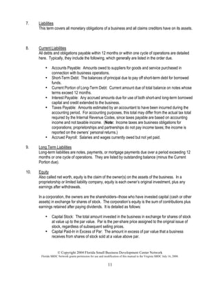 © Copyright 2004 Florida Small Business Development Center Network
Florida SBDC Network grants permission for use and modification of this manual to the Virginia SBDC July 16, 2008.
11
7. Liabilities
This term covers all monetary obligations of a business and all claims creditors have on its assets.
8. Current Liabilities
All debts and obligations payable within 12 months or within one cycle of operations are detailed
here. Typically, they include the following, which generally are listed in the order due.
• Accounts Payable: Amounts owed to suppliers for goods and service purchased in
connection with business operations.
• Short-Term Debt: The balances of principal due to pay off short-term debt for borrowed
funds.
• Current Portion of Long-Term Debt: Current amount due of total balance on notes whose
terms exceed 12 months.
• Interest Payable: Any accrued amounts due for use of both short-and long-term borrowed
capital and credit extended to the business.
• Taxes Payable: Amounts estimated by an accountant to have been incurred during the
accounting period. For accounting purposes, this total may differ from the actual tax total
required by the Internal Revenue Codes, since taxes payable are based on accounting
income and not taxable income. (Note: Income taxes are business obligations for
corporations; proprietorships and partnerships do not pay income taxes; the income is
reported on the owners’ personal returns.)
• Accrued Payroll: Salaries and wages currently owed but not yet paid.
9. Long Term Liabilities
Long-term liabilities are notes, payments, or mortgage payments due over a period exceeding 12
months or one cycle of operations. They are listed by outstanding balance (minus the Current
Portion due).
10. Equity
Also called net worth, equity is the claim of the owner(s) on the assets of the business. In a
proprietorship or limited liability company, equity is each owner’s original investment, plus any
earnings after withdrawals.
In a corporation, the owners are the shareholders--those who have invested capital (cash or other
assets) in exchange for shares of stock. The corporation’s equity is the sum of contributions plus
earnings retained after paying dividends. It is detailed as follows:
• Capital Stock: The total amount invested in the business in exchange for shares of stock
at value up to the par value. Par is the per-share price assigned to the original issue of
stock, regardless of subsequent selling prices.
• Capital Paid-In in Excess of Par: The amount in excess of par value that a business
receives from shares of stock sold at a value above par.
 