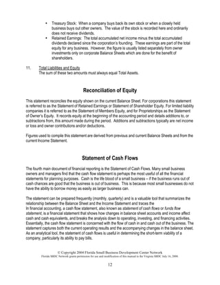 © Copyright 2004 Florida Small Business Development Center Network
Florida SBDC Network grants permission for use and modification of this manual to the Virginia SBDC July 16, 2008.
12
• Treasury Stock: When a company buys back its own stock or when a closely held
business buys out other owners. The value of the stock is recorded here and ordinarily
does not receive dividends.
• Retained Earnings: The total accumulated net income minus the total accumulated
dividends declared since the corporation’s founding. These earnings are part of the total
equity for any business. However, the figure is usually listed separately from owner
investments only on corporate Balance Sheets which are done for the benefit of
shareholders.
11. Total Liabilities and Equity
The sum of these two amounts must always equal Total Assets.
Reconciliation of Equity
This statement reconciles the equity shown on the current Balance Sheet. For corporations this statement
is referred to as the Statement of Retained Earnings or Statement of Shareholder Equity. For limited liability
companies it is referred to as the Statement of Members Equity, and for Proprietorships as the Statement
of Owner’s Equity. It records equity at the beginning of the accounting period and details additions to, or
subtractions from, this amount made during the period. Additions and subtractions typically are net income
or loss and owner contributions and/or deductions.
Figures used to compile this statement are derived from previous and current Balance Sheets and from the
current Income Statement.
Statement of Cash Flows
The fourth main document of financial reporting is the Statement of Cash Flows. Many small business
owners and managers find that the cash flow statement is perhaps the most useful of all the financial
statements for planning purposes. Cash is the life blood of a small business – if the business runs out of
cash chances are good that the business is out of business. This is because most small businesses do not
have the ability to borrow money as easily as larger business can.
The statement can be prepared frequently (monthly, quarterly) and is a valuable tool that summarizes the
relationship between the Balance Sheet and the Income Statement and traces the
In financial accounting, a cash flow statement, also known as statement of cash flows or funds flow
statement, is a financial statement that shows how changes in balance sheet accounts and income affect
cash and cash equivalents, and breaks the analysis down to operating, investing, and financing activities.
Essentially, the cash flow statement is concerned with the flow of cash in and cash out of the business. The
statement captures both the current operating results and the accompanying changes in the balance sheet.
As an analytical tool, the statement of cash flows is useful in determining the short-term viability of a
company, particularly its ability to pay bills.
 