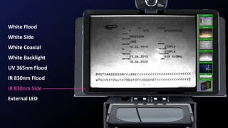 White Flood
White Side
White Coaxial
White Backlight
UV 365nm Flood
IR 830nm Flood
IR 830nm Side ------------------------
External LED
 