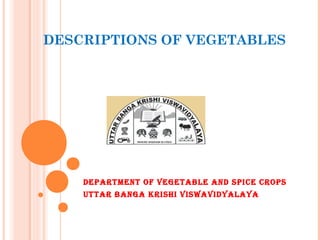 DESCRIPTIONS OF VEGETABLES
Department of Vegetable anD Spice cropS
Uttar banga KriShi ViSwaViDyalaya
 
