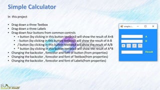 In this project
• Drag down a three Textbox
• Drag down a three Labels
• Drag down four buttons from common controls
• + button (by clicking in this button textbox3 will show the result of A+B
• - button (by clicking in this button textbox3 will show the result of A-B
• / button (by clicking in this button textbox3 will show the result of A/B
• * button (by clicking in this button textbox3 will show the result of A*B
• Changing the backcolor , forecolor and font of button (from properties)
• Changing the backcolor , forecolor and font of Textbox(from properties)
• Changing the backcolor , forecolor and font of Labels(from properties)
 
