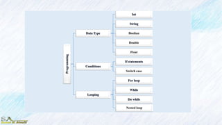 Programming
Data Type
Int
String
Boolian
Double
Float
Conditions
If statements
Switch case
Looping
For loop
While
Do while
Nested loop
 