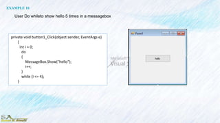 private void button1_Click(object sender, EventArgs e)
{
int i = 0;
do
{
MessageBox.Show("hello");
i++;
}
while (i <= 4);
}
EXAMPLE 10
User Do whileto show hello 5 times in a messagebox
 