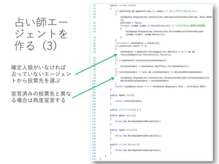 占い師エー
ジェントを
作る（3）
確定人狼がいなければ
占っていないエージェン
トから投票先を選ぶ
宣言済みの投票先と異な
る場合は再度宣言する
 