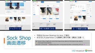 Sock Shop
画⾯遷移
カート機能も充実靴下を検索できるトップページ
• 今回は Docker Desktop for Mac で実⾏
• もちろん Kubernetes にも簡単に発⾏可能（課⾦に注意︕）
git clone https://github.com/microservices-demo/microservices-demo
cd microservices-demo
docker-compose -f deploy/docker-compose/docker-compose.yml up -d
 