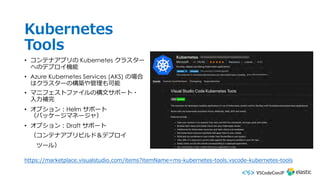 Kubernetes
Tools
• コンテナアプリの Kubernetes クラスター
へのデプロイ機能
• Azure Kubernetes Services (AKS) の場合
はクラスターの構築や管理も可能
• マニフェストファイルの構⽂サポート・
⼊⼒補完
• オプション︓Helm サポート
（パッケージマネージャ）
• オプション︓Draft サポート
（コンテナアプリビルド＆デプロイ
ツール）
https://marketplace.visualstudio.com/items?itemName=ms-kubernetes-tools.vscode-kubernetes-tools
 