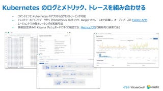 Kubernetes のログとメトリック、トレースを組み合わせる
● コマンド1つで Kubernetes のアプリからログをストリーミング可能
● テレメトリーのインフラデータから Prometheus のメトリック、Jaeger のトレースまで収集し、オープンソースの Elastic APM
エージェントで分散トレーシングを実施可能
● 事前設定済みの Kibana ダッシュボードですぐに確認でき、Metricsアプリで横断的に検索できる
 