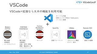 VSCode
VSCode+拡張なら大半の機能を利用可能
Nov. 21st, 2020 VS CODE CONFERENCE JAPAN 17
◦ 遠隔での編集◦ プロジェクト構成
◦ ビルド・実行
◦ 自動フォーマット◦ デバッグ◦ 構文強調
◦ 自動補完
◦ 定義・参照へ移動
◦ 関数・構造体の一覧
◦ リファクタリング
◦ 構文強調
◦ 自動補完
◦ コードスニペット
◦ ターミナル作業
◦ 任意コンパイラ対応(+ tasks.json)
◦ バージョン管理
Modern
Fortran
FORTRAN
IntelliSense
Fortran
Breakpoint
Support
fprettify CMake Remote-SSH
+
 