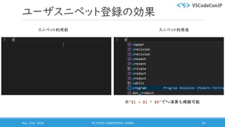 ユーザスニペット登録の効果
Nov. 21st, 2020 VS CODE CONFERENCE JAPAN 28
スニペット利用前 スニペット利用後
※"$1 = $1 * $0"で*=演算も模擬可能
 
