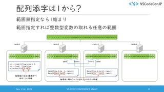 14 15 16 22 23 246 7 8-2 -1 0
配列添字は1から？
範囲無指定なら1始まり
範囲指定すれば整数型変数の取れる任意の範囲
Nov. 21st, 2020 VS CODE CONFERENCE JAPAN 8
1 2 3 4 5 6 7 8 9 10 11 12 13 14 15 16 17 18 19 20 21 22 23 24 25 26 27 28 29 30 31 32
1 2 3 4 5 6 7 8 9 10 11 12 13 14 15 16 17 18 19 20 21 22 23 24 25 26 27 28 29 30 31 329 10 11 17 18 19 25 26 27 33 34 35
is = (rank-1)*num_elem + 1
ie = (rank )*num_elem
allocate(f(is-3:ie+3))
rank=1 rank=2 rank=3 rank=4
Send(f(ie-2:ie ), rank+1)
Recv(f(ie+1:ie+3), rank+1)
Recv(f(is-3:is-1), rank+1)
Send(f(is :is+2), rank+1)
send recv sendrecv
袖領域が左右3要素ずつ
あることが明確
袖領域と隣のランクのメモリとの対応が明確
 