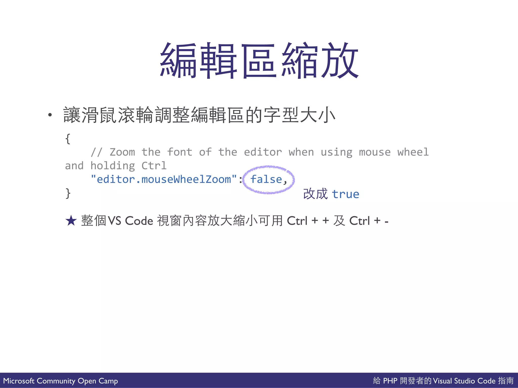 PHP Visual Studio CodeMicrosoft Community Open Camp
以能 成
• 出 麼 以能 ⼈人
{(
((((//(Zoom(the(font(of(the(editor(when(using(mouse(wheel(
and(holding(Ctrl(
(((("editor.mouseWheelZoom":(false,(
} true
VS Code 成 Ctrl + + Ctrl + -
 