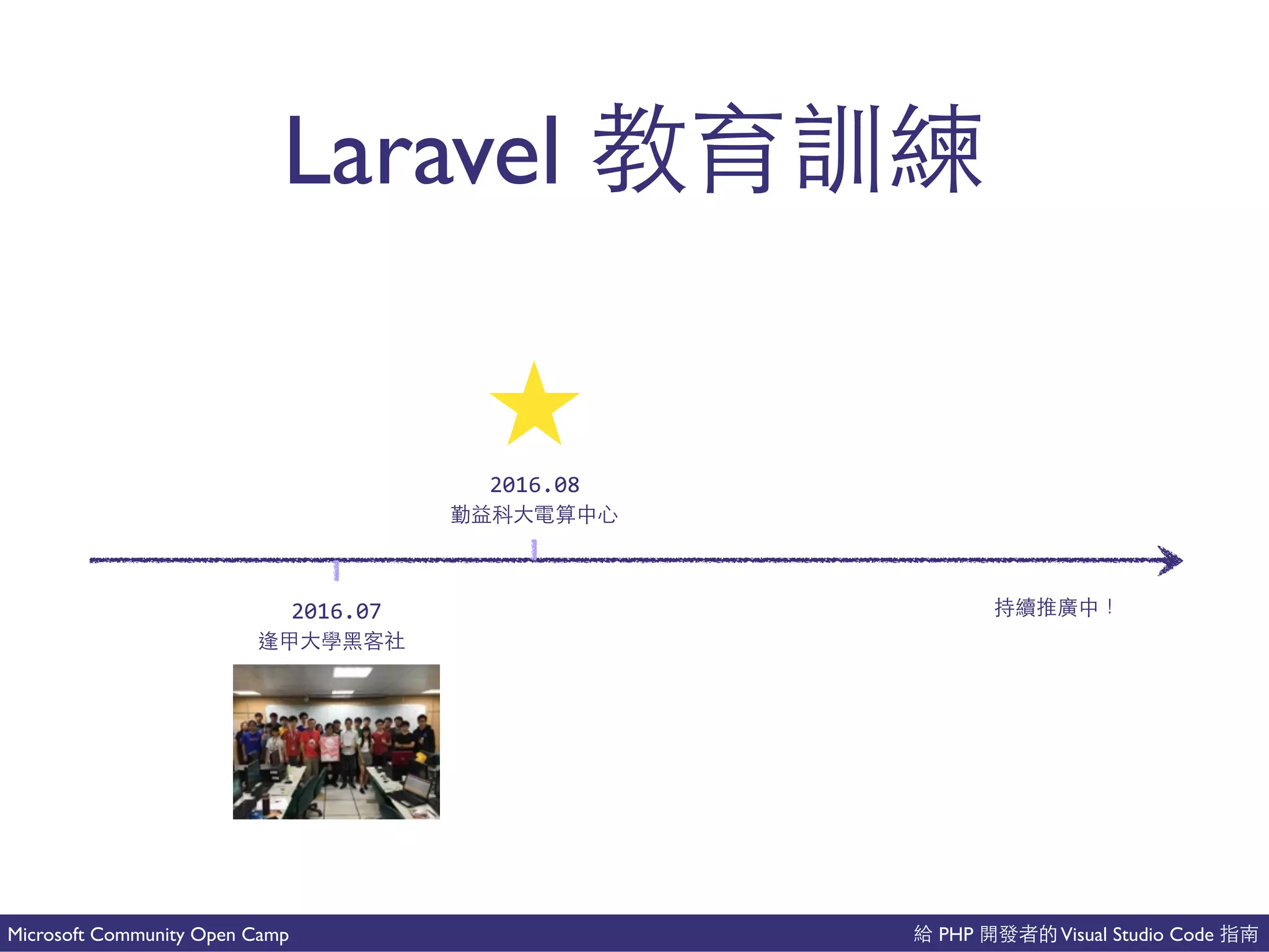 PHP Visual Studio CodeMicrosoft Community Open Camp
Laravel 中 ⽣生
2016.07
快 ⼤大
2016.08
和分多
事
 