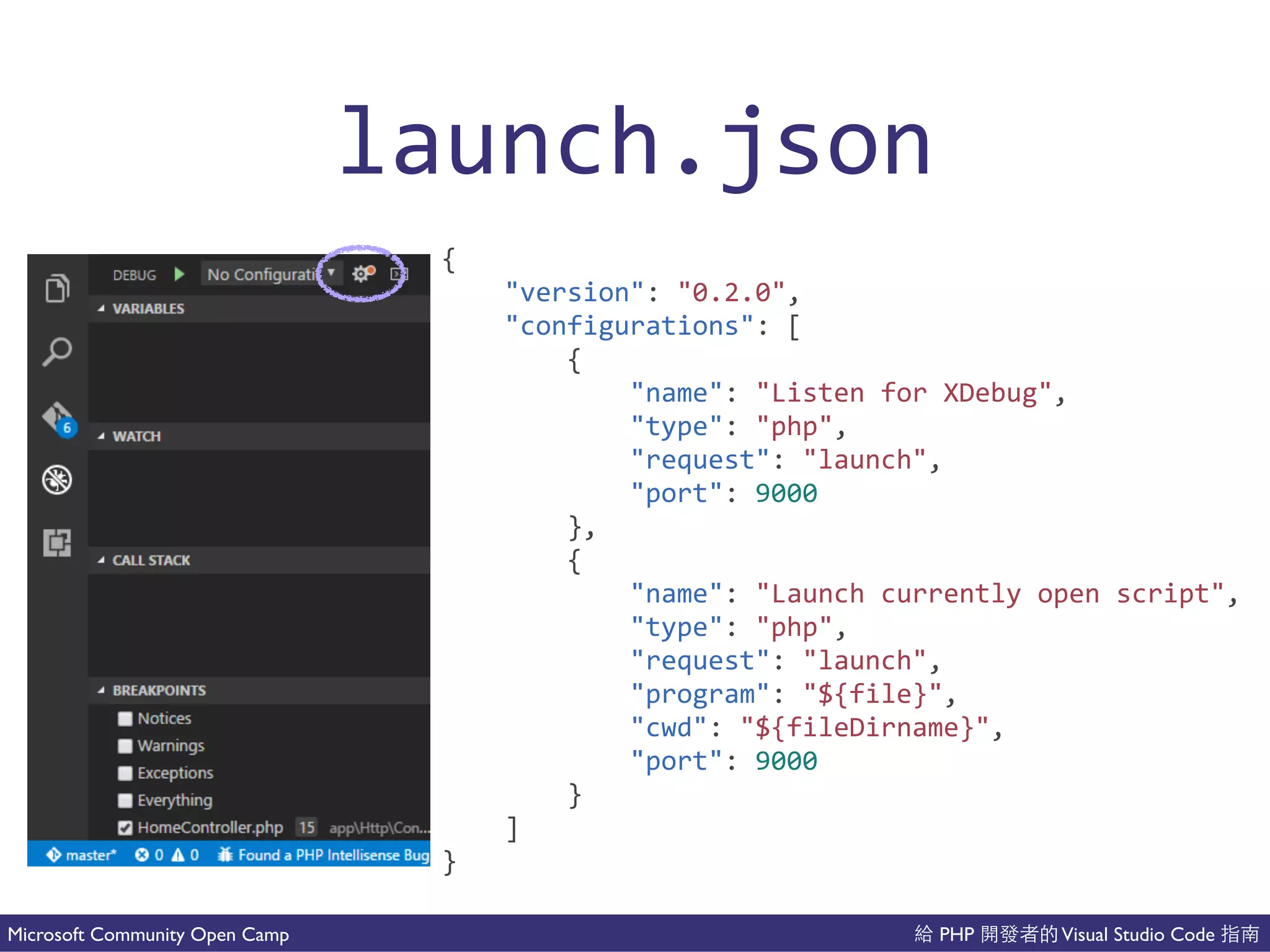 PHP Visual Studio CodeMicrosoft Community Open Camp
launch.json
{(
(((("version":("0.2.0",(
(((("configurations":([(
(((((((({(
(((((((((((("name":("Listen(for(XDebug",(
(((((((((((("type":("php",(
(((((((((((("request":("launch",(
(((((((((((("port":(9000(
((((((((},(
(((((((({(
(((((((((((("name":("Launch(currently(open(script",(
(((((((((((("type":("php",(
(((((((((((("request":("launch",(
(((((((((((("program":("${file}",(
(((((((((((("cwd":("${fileDirname}",(
(((((((((((("port":(9000(
((((((((}(
((((](
}
 