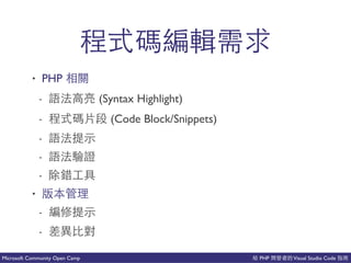 PHP Visual Studio CodeMicrosoft Community Open Camp
⼀一 以能
• PHP
- (Syntax Highlight)
- ⼀一 (Code Block/Snippets)
-
- 不
- 會 你
•
- 以
-
 