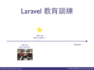 PHP Visual Studio CodeMicrosoft Community Open Camp
Laravel 中 ⽣生
2016.07
快 ⼤大
2016.08
和分多
事
 