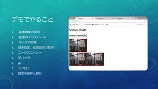 デモでやること
1. 基本機能の説明
2. 拡張のインストール
3. テーマの変更
3. 基本設定、拡張設定の変更
4. ユーザスニペット
5. デバッグ
6. Git
7. デプロイ
8. 設定の保存と移行
 
