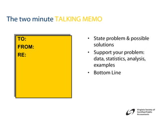 The two minute TALKING MEMO

  TO:
  TO:                 • State problem & possible
  FROM:
  FROM:                 solutions
  RE:
  RE:                 • Support your problem:
                        data, statistics, analysis,
                        examples
                      • Bottom Line
 
