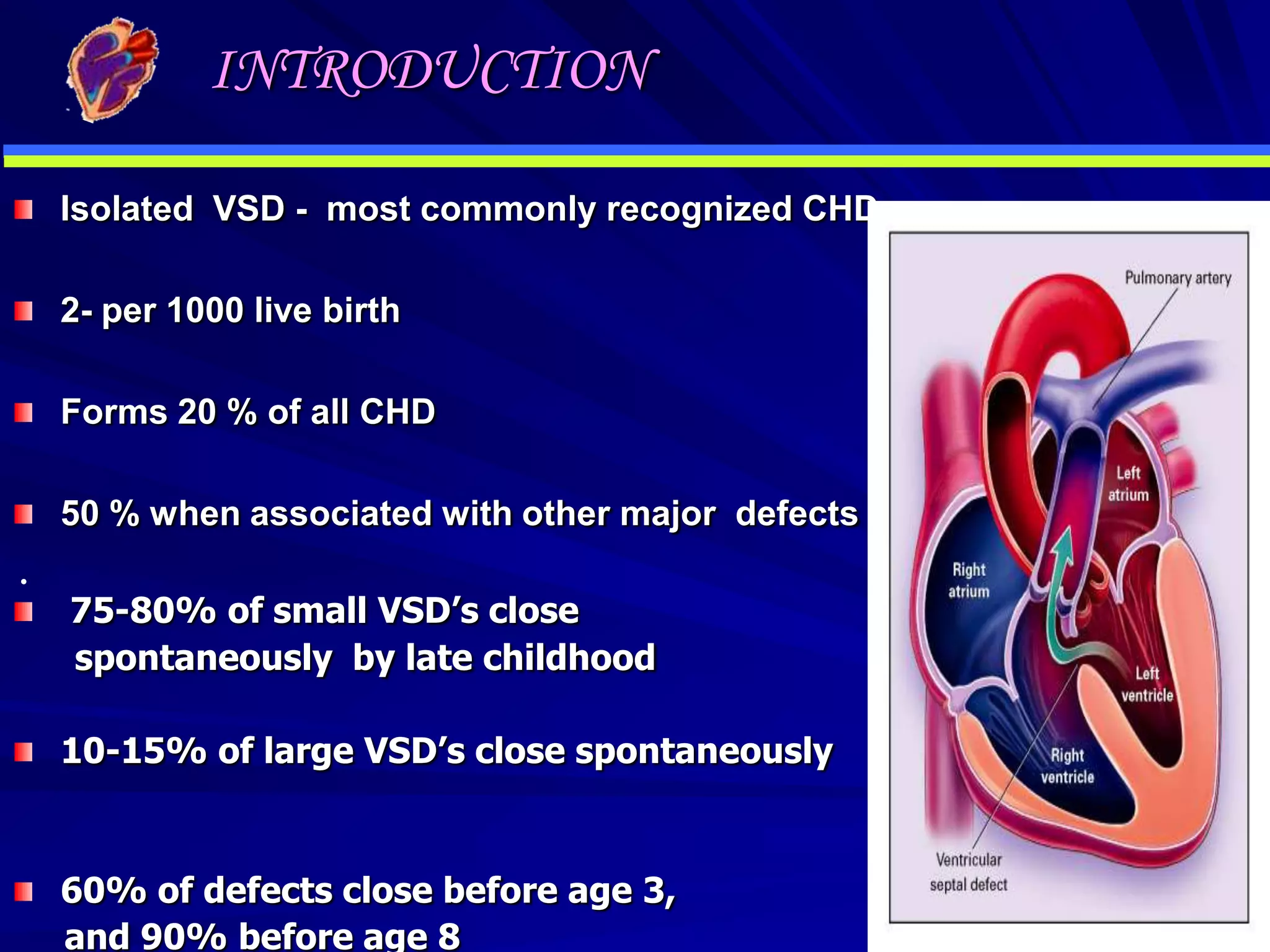 INTRODUCTION
Isolated VSD - most commonly recognized CHD
2- per 1000 live birth
Forms 20 % of all CHD
50 % when associated with other major defects

.

75-80% of small VSD’s close
spontaneously by late childhood

10-15% of large VSD’s close spontaneously

60% of defects close before age 3,
and 90% before age 8

 