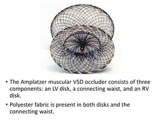 • The Amplatzer muscular VSD occluder consists of three
components: an LV disk, a connecting waist, and an RV
disk.
• Polyester fabric is present in both disks and the
connecting waist.
 